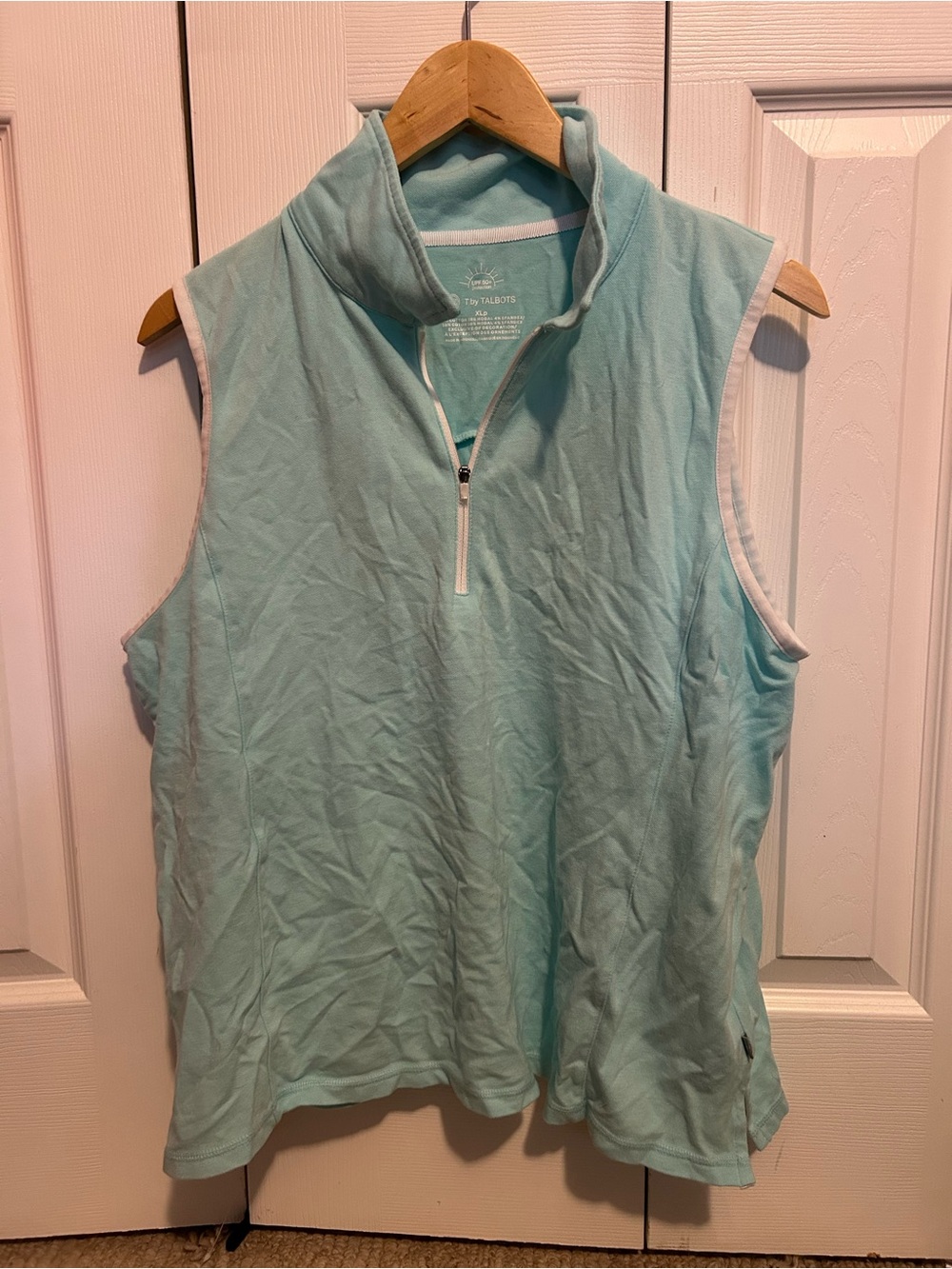 Talbots Sleeveless Half-Zip Tank in Aqua Blue with White Trim